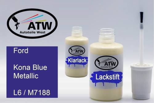 Ford, Kona Blue Metallic, L6 / M7188: 20ml Lackstift + 20ml Klarlack - Set, von ATW Autoteile West.